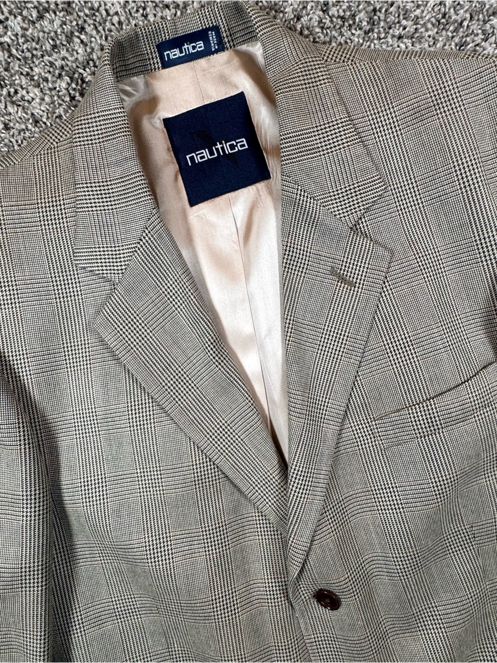 Nautica Men’s 44L Silk Wool Tan Glen‎ Plaid Sport coat Blazer Jacket VTG 1990s